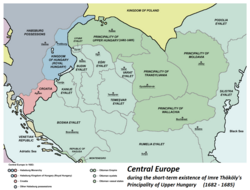 Ottoman rule on Hungary at its peak in 1683, including Budin, Egri, Kanije, Temesvar, Uyvar, and Varat eyalets. The semi-independent Principality of Transylvania was an Ottoman vassal state for the majority of the 16th and 17th centuries, the short lived Imre Thököly's Principality of Upper Hungary also became briefly a vassal state due to an anti-Habsburg Protestant uprising between 1682 and 1685.