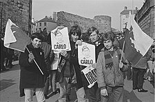 Protesters opposing the investiture of Prince Charles at Caernarfon Castle (1969) Cofia 1282, a protest against the investiture (1537984)4.jpg