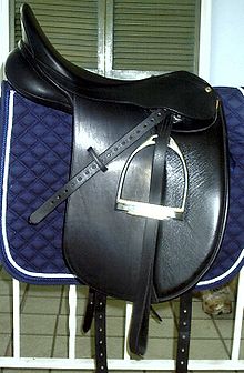 Dressage saddle, showing a long, straight flap. CollegiateDressage.jpg