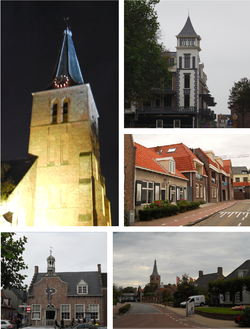 Images from left to right; Old church at night, New small residential tower in the center, street in center, old municipal building, view to center