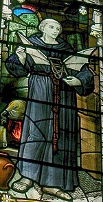 Stained glass depiction of Eilmer of Malmesbury Elmer flying monk.jpg