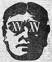 dessin en noir et blanc d'un visage d'homme avec le chiffre quinze qui se reflète dans ses lunettes