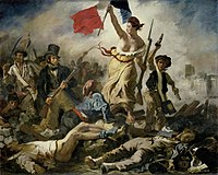 Eugène Delacroix: De Vrijheid leidt het volk, 1830, een typerend romantisch tafereel, vol pathos en hartstocht.