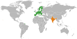 Карта с указанием местоположения Европейского Союза и Индии