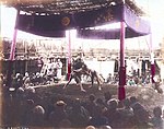 Wrestlers, c. 1886. Handfärgat albumintryck. Scen av en sumomatch rikishi [wrestlare], a gyōji [domare] och publik.