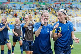 Sweden celebrate after the semi-final victory against Brazil at the 2016 Summer Olympics. Futebol feminino olimpico- Brasil e Suecia no Maracana (29033096025).jpg