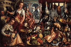 Joachim Beuckelaer (1533-1575), Kitchen scene, with Jesus in the house of Martha and Mary in the background (1566), 171 x 250 cm (67.3 x 98.4 in). Joachim Beuckelaer 003.jpg