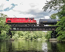 Morristown and Erie Railroad, one of the freight operators authorized to operate on the NJ Transit system, crossing the Passaic River in Roseland ME Railroad Bridge 20110826-jag9889.jpg