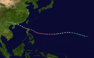 Mangkhutin reitti ja voimakkuus. Reittikartan pallot on väritetty Saffirin–Simpsonin asteikon mukaan. 012345