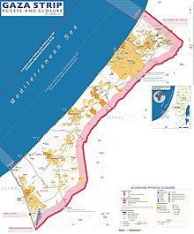 Gaza Strip with Israeli-controlled borders and limited fishing zone, as of December 2012 Map of Gaza Strip with no-go zone 2012.jpg