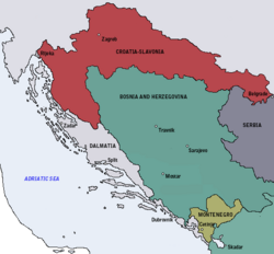 Peta Kerajaan Kroasia-Slavonia (merah) sekitar tahun 1885. Kerajaan ini merupakan bagian dari Transleithania