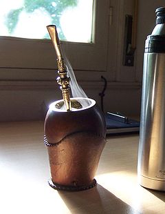 Steaming yerba maté infusion in its customary gourd.