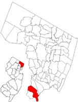 Карта, показывающая местонахождение Линдхерста в округе Берген. Врезка: расположение округа Берген в штате Нью-Джерси.