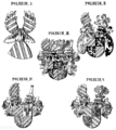 Wappen­entwick­lung: Stammwappen und vier gemehrte Wappen aus verschiedenen Linien derer von Polheim, nach Siebmacher