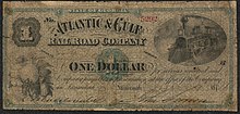 Note inscribed "STATE OF GEORGIA THE ATLANTIC & GULF RAILROAD COMPANY OWES TO ___ OR BEARER ONE DOLLAR for serviced rendered said Company payable on presentation at the office of the Company in Savannah." The note is illustrated with a train and a cotton boll.