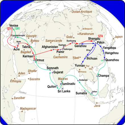 Itinéraires de Marco Polo (clic pour carte entière). En rouge, aller (1271-1294). – En bleu, missions en Chine (1275-1290). – En vert, retour (1292-1295). – En brun, lieux cités hors itinéraire certain.
