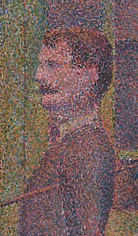 Detail from Seurat's La Parade (1889), showing the contrasting dots of paint used in pointillism.