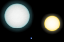 As dimensões relativas de IK Pegasi A (esquerda), B (centro abaixo) e o Sol (direita).