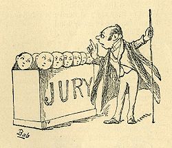 Engraving of a quaint drawing showing the little round faces of jurymen protruding from a box with the word "Jury" on it in large letters. They gaze up at the usher with cowed expressions while he wags his finger at them.