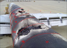 View from above and behind of the forward and middle portions of an aircraft's upper fuselage, showing severe fire damage, including several large holes burned through the roof. Transverse red markings divide part of the fuselage into several sections.