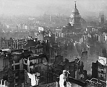 View from St. Paul's Cathedral on 3 January 1941. The Old Bailey can be seen in the background overlooking charred ruins of those parts of the City of London within close proximity to the Port of London. View from St Paul's Cathedral after the Blitz.jpg