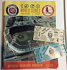 Program and tickets from Game 4 and 5, both played at Tiger Stadium 1968 World Series program and tickets.jpg