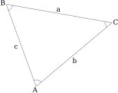 A triangle labelled with the components of the law of sines. Capital A, B and C are the angles, and lower-case a, b, c are the sides opposite them. (a opposite A, etc.) Acute Triangle.svg