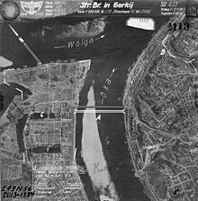 Aerial photography of Gorky with indication of targets for bombing. Strategic Center "Kremlin":
Translation of labels on the map
A -- Reinforced (pontoon) bridge (5 supports, distance between supports ~ 120m, length 740m, width 21m);
B - The Kremlin (1 - House of Soviets, 2 - Military school, 3 - Arsenal);
S - The Fair (1 - The Main Fair building, 2 - Exchange);
The mill is surrounded by a white solid line. Aerial photography of Gorky.jpg