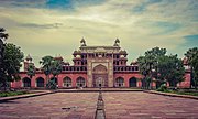 Akbar's Tomb, Agra was built with red sandstone by his son and grandson in 1605 to 1618.