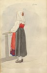 Akvarell. Orsa Kvinna i dräkt, sedd från sidan snett bakifrån, stående i helfigur - Nordiska museet - NMA.0063838