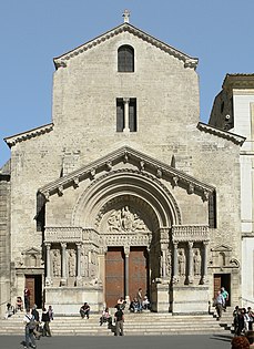 Church of St. Trophime, Arles, France. The ornamentation is focused on the porch and the carved Christ in Majesty on the tympanum, typical of French cathedrals.