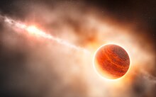 Artist's impression of the formation of a gas giant around the star HD 100546 Artist's impression of a gas giant planet forming in the disc around the young star HD 100546.jpg