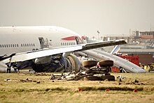 The wreckage of British Airways Flight 38, a Boeing 777 that crashed at London Heathrow Airport BA38 Crash.jpg