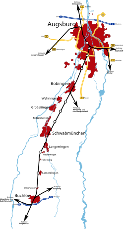 Az Augsburg–Buchloe-vasútvonal útvonala