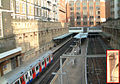 Barbican station from the west. Inset: former roof support