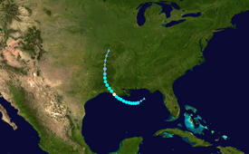 Map plotting the track and the intensity of the storm, according to the Saffir–Simpson scale