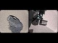 Miejsce, z którego łazik Curiosity zgarnął trochę piasku (z lewej), łopatka/czerpak urządzenia CHIMRA (z prawej)