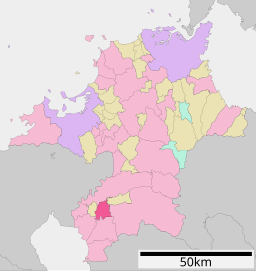 Chikugos läge i Fukuoka prefektur Städer:      Signifikanta städer      Övriga städer Landskommuner:      Köpingar      Byar