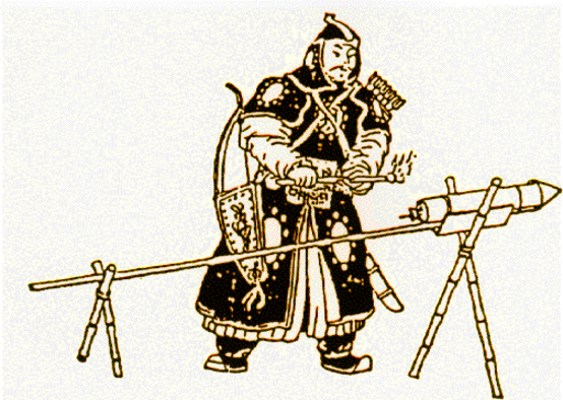 A man in black armor standing in front of a rocket, attached to the stick, with the stick being held up by two X-shaped wooden brackets.