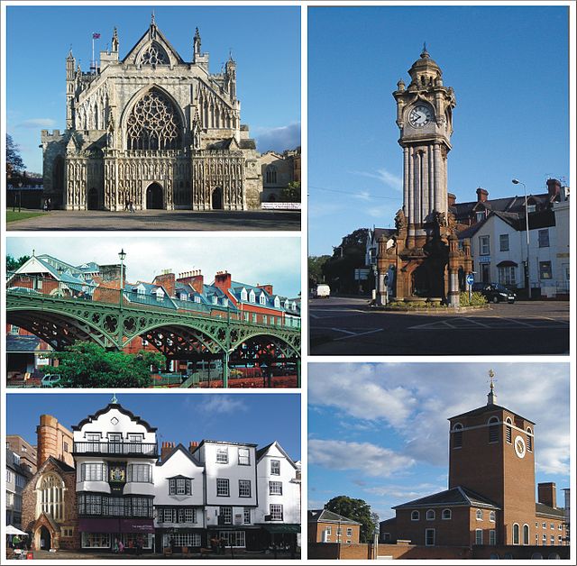 No sentido horário: A Catedral, a Torre do Relógio, a Câmara do Condado de Devon, a Cathedral Close, A Ponte de Ferro