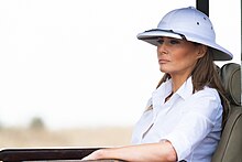 Melania Trump wearing a pith helmet in Kenya First Lady Melania Trump's Visit to Kenya 14.jpg
