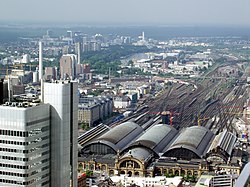 Aerial view of the main terminal in Frankfurt, Germany, showing the terminal trackage beyond the station building.