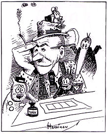 A black and white drawing of a man wearing a brimmed hat, seated at a drawing table, with his right hand on his forehead.  He holds a cigarette in his right hand, and is surrounded by cartoon characters: a mouse on his hat, a long-billed bird looking over his left shoulder, a cat in front of him, and a dog to his right.