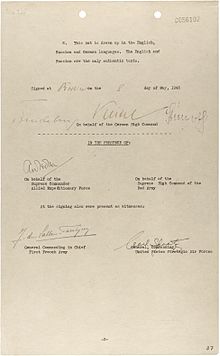 Third and last page of the German instrument of unconditional surrender signed in Berlin, Germany on 8 May 1945 German Instrument of Surrender (May 8, 1945) - page 3.jpg