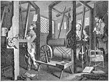 A handloome weaving from William Hogarth's Industry and Idleness in 1747 Hand-loom weaving.jpg