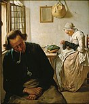 Interieur met slapende man en kousenstoppende vrouw, Hendriks