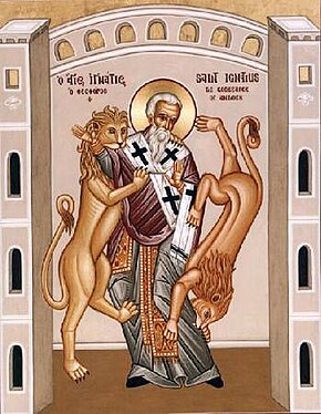 Ignatius of Antioch, one of the Apostolic Fathers, was the third Patriarch of Antioch, said to be a student of John the Apostle. En route to his martyrdom in Rome, Ignatius wrote a series of letters which exemplify very early Christian theology, dealing with such topics as modification of the sabbath to Sunday, promotion of the office of bishop, and critique of "Judaizers". Ignatius of Antioch 2.jpg