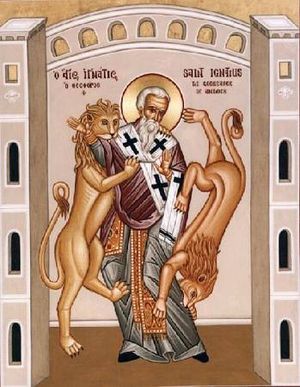 Ignatius of Antioch, one of the Apostolic Fathers and the third Bishop of Antioch, was considered a student of John the Apostle. En route to his martyrdom in Rome (c. 108), Ignatius wrote a series of preserved letters which are examples of late-1st to early-second-century Christian theology. Ignatius of Antioch 2.jpg