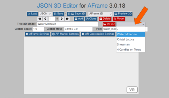 JSON3D4AFrame the interface of the Wikiversity init with a 3D model