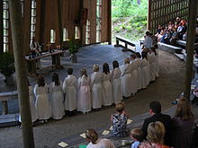 Representing a continuous tradition of the Finnish Awakening, youth are confirmed at Paavo Ruotsalainen's homestead in Nilsia, Finland. Konfirmaatio Aholansaari 2009.JPG